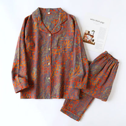 Vintage Loungewear-Set aus Baumwolle mit Blattmotiv und Revers - Grau & Orange - 2XL - image 2