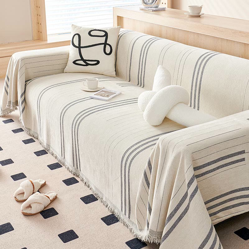 Sofaschoner aus Chenille mit geraden Streifen und Quasten