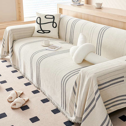 Sofaschoner aus Chenille mit geraden Streifen und Quasten