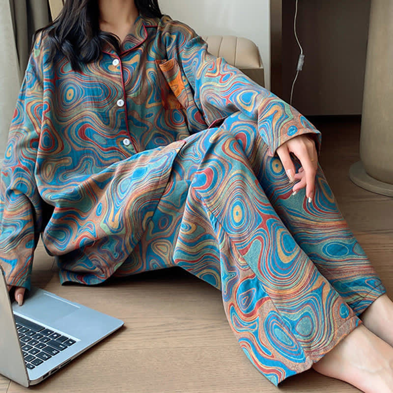 Loungewear-Set aus Baumwolle mit Kunstdruck in Übergröße