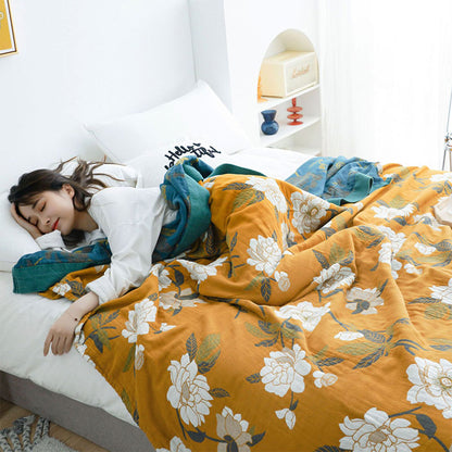 Ownkoti Boho-Steppdecke aus Baumwolle mit gelben Blumen