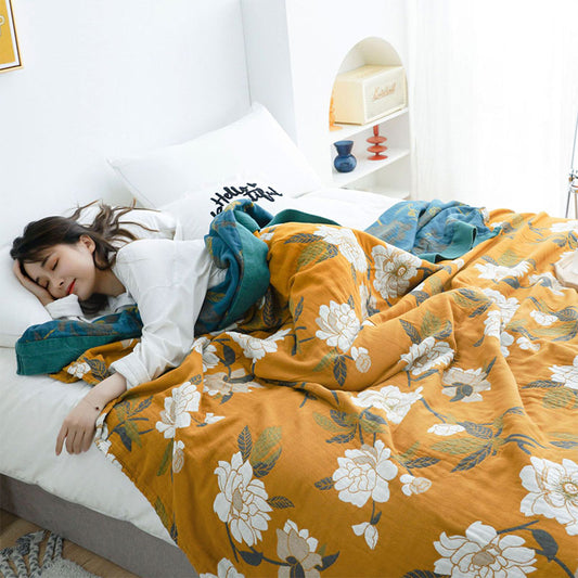 Ownkoti Boho-Steppdecke aus Baumwolle mit gelben Blumen
