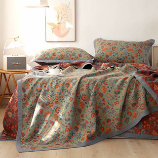 Wende-Steppdecke mit Retro-Blumenmuster aus reiner Baumwolle - Steppdecke mit 2 Kissenbezügen - Grün & Rot - 230cm x 250cm - image 0