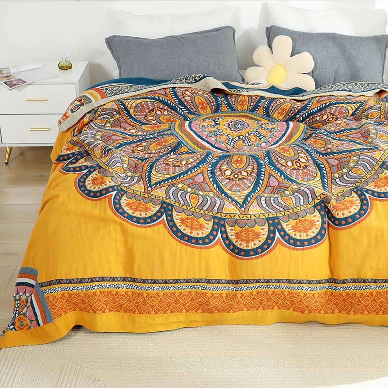 Ownkoti Bohemian Wende-Sommersteppdecke mit gelben Blumen