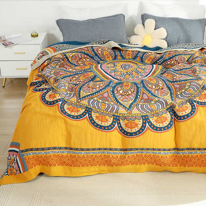 Ownkoti Bohemian Wende-Sommersteppdecke mit gelben Blumen