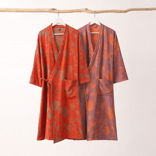 Bademantel-Pyjama aus Baumwolle mit Blumen-Jacquardmuster und V-Ausschnitt