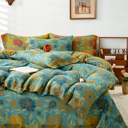 Retro-Bettwäsche-Set aus Baumwolle mit Blumen und Blättern (4-teilig)