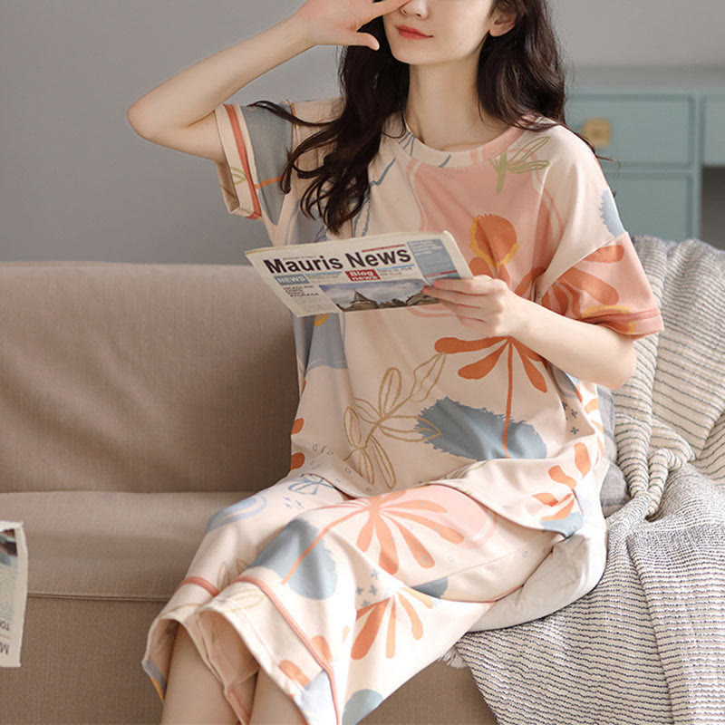 Loungewear-Set aus Baumwolle mit Blumen- und Blattmuster