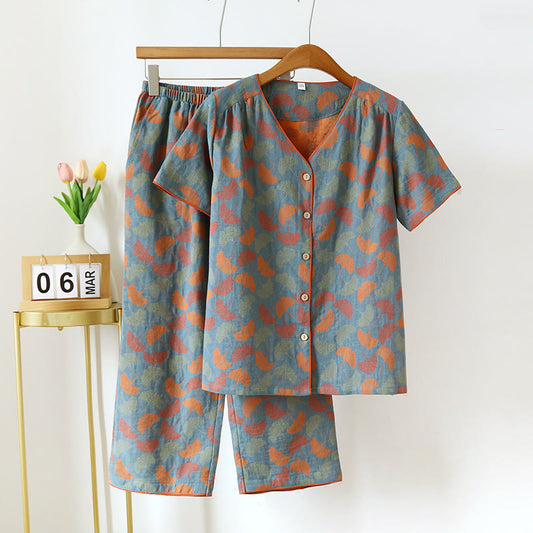 Kurze Loungewear aus Jacquard mit V-Ausschnitt und Ginkgoblättern