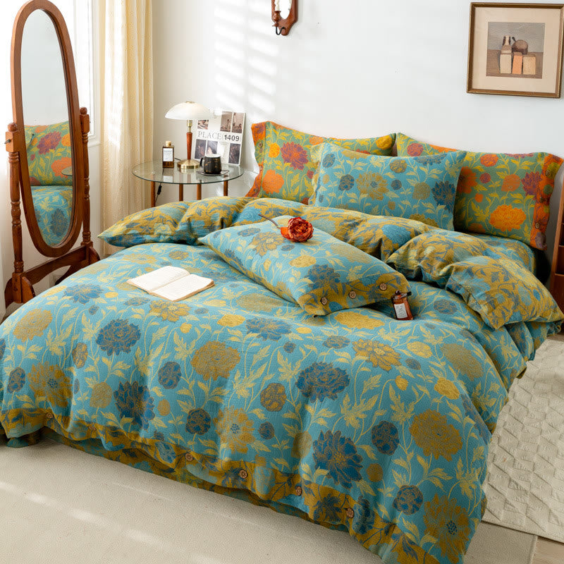 Retro-Bettwäsche-Set aus Baumwolle mit Blumen und Blättern (4-teilig)