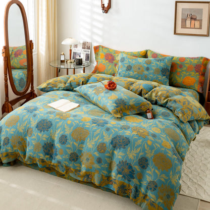 Retro-Bettwäsche-Set aus Baumwolle mit Blumen und Blättern (4-teilig)