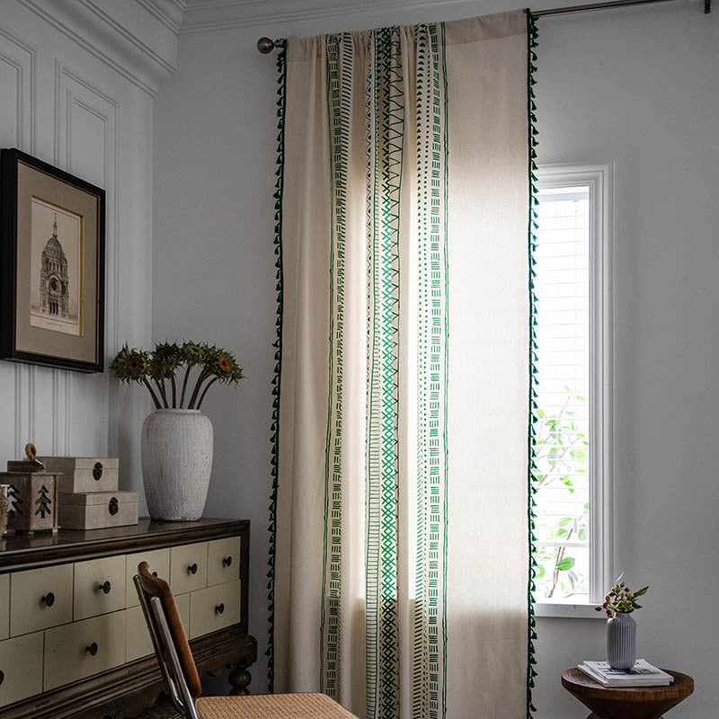 Ownkoti Halbverdunkelnde Vorhänge aus Baumwolle im Bohemian-Stil mit geometrischem Muster