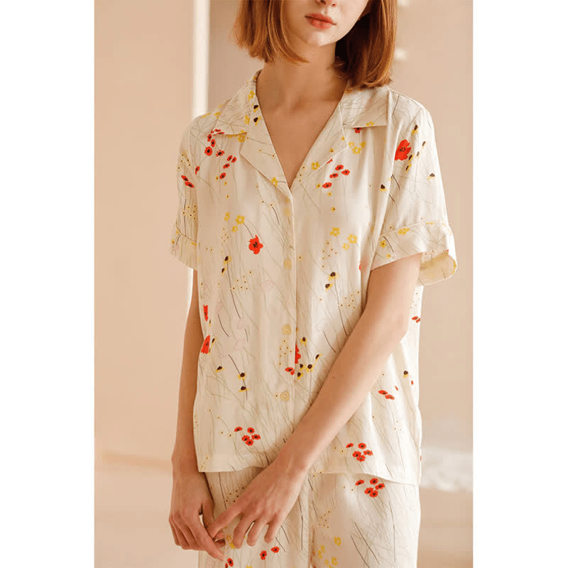 Atmungsaktives Loungewear-Set mit Blumenblatt-Print und V-Ausschnitt