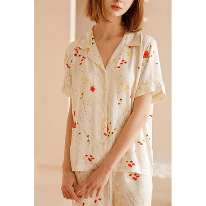 Atmungsaktives Loungewear-Set mit Blumenblatt-Print und V-Ausschnitt