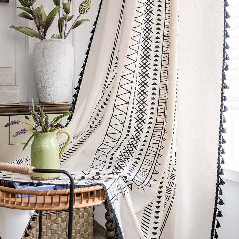 Ownkoti Halbverdunkelnde Vorhänge aus Baumwolle im Bohemian-Stil mit geometrischem Muster