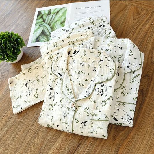Süßes Pyjama-Set aus Baumwolle mit Katze und Blatt