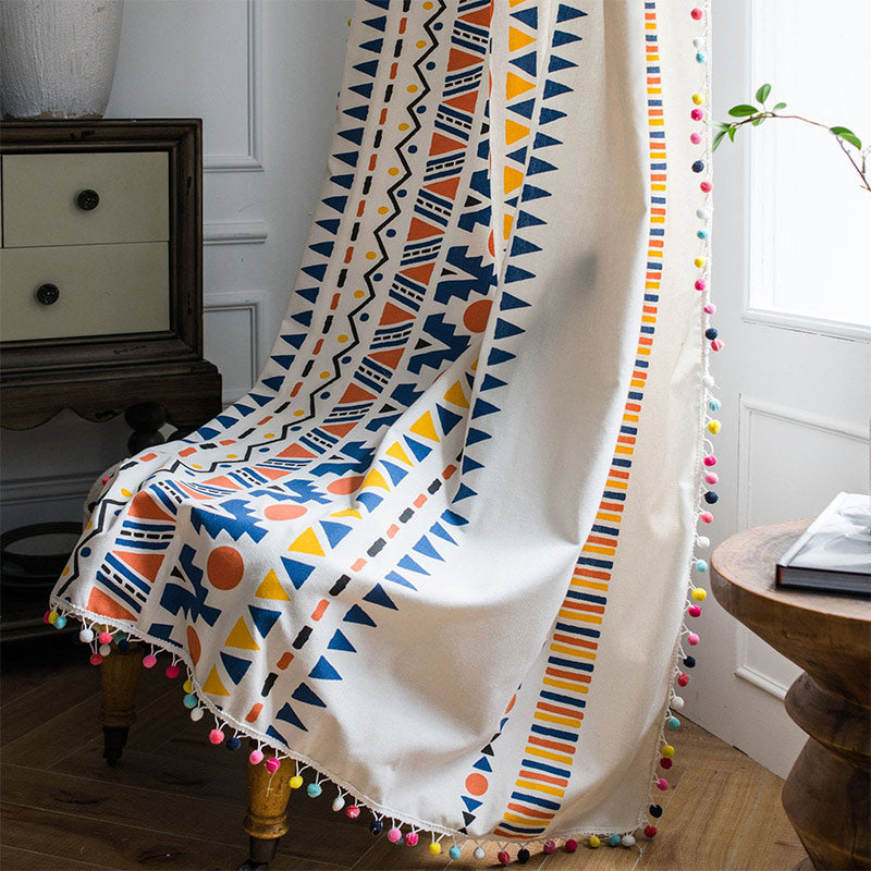 Ownkoti Boho-Vorhang mit farbenfrohen geometrischen Mustern und Quaste