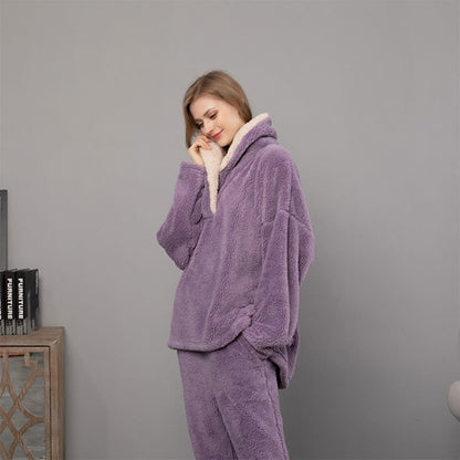Ownkoti Schlichtes, warmes Loungewear-Set mit V-Ausschnitt für den Winter