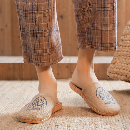 Retro bestickte Lotus Flachs Hausschuhe