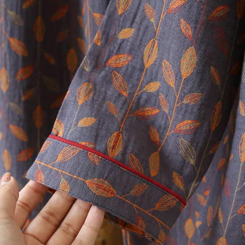 Pyjama-Set mit langen Ärmeln aus Baumwolle im Retro-Blatt-Stil