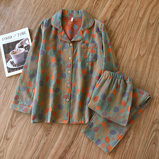 Blattgrünes Loungewear-Set aus Baumwollgaze
