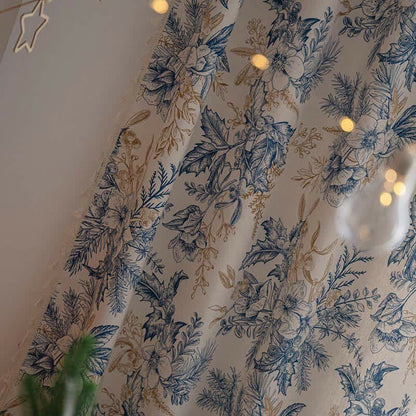 Ownkoti Lichtfiltervorhang mit Kiefernholzmotiv und blauen Blumen