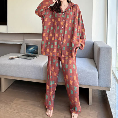 Loungewear-Set aus Baumwolle mit Revers und Bärenmotiv in Übergröße