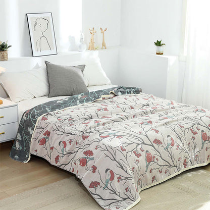 Wendesteppdecke aus Baumwolle mit Weißdornbaum und Vogelmotiv