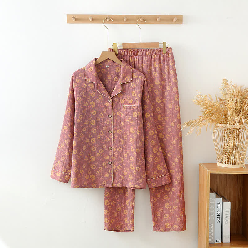 Pyjama-Set aus Baumwollgaze im Retro-Rose-Design - Lila - XL - image 6