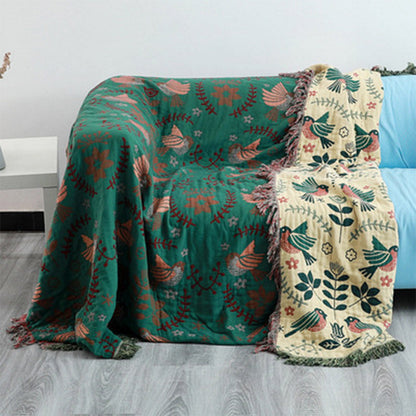 Ownkoti Boho Atmungsaktive Wendedecke mit Blumen und Vögeln