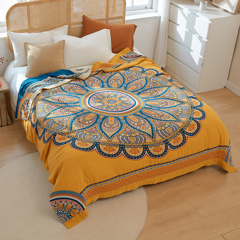 Ownkoti Bohemian Wende-Sommersteppdecke mit gelben Blumen