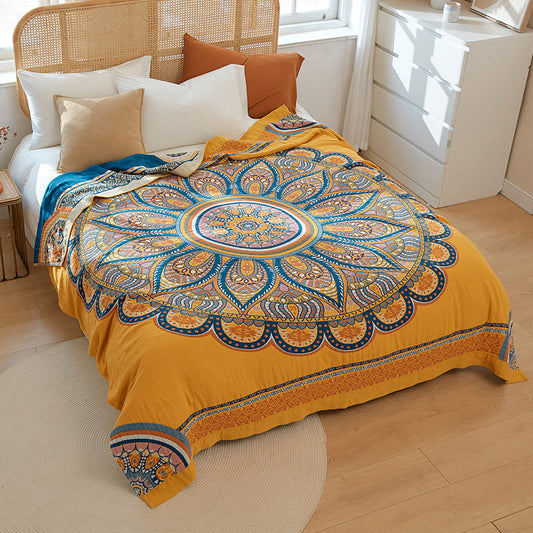 Ownkoti Bohemian Wende-Sommersteppdecke mit gelben Blumen