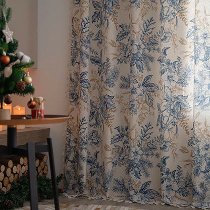 Ownkoti Lichtfiltervorhang mit Kiefernholzmotiv und blauen Blumen