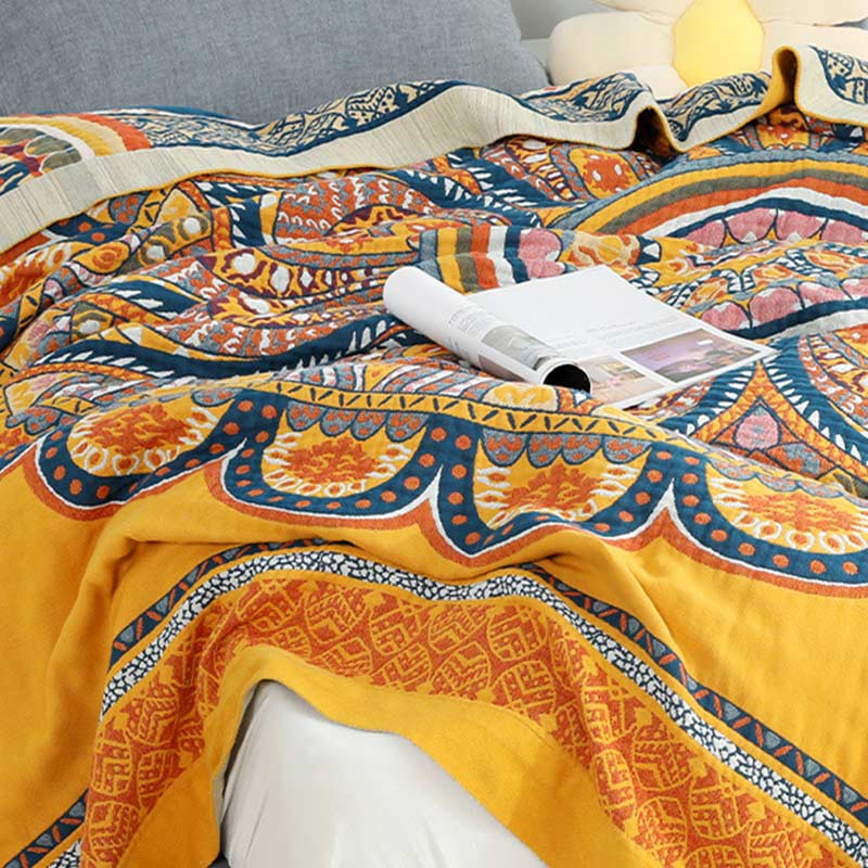 Ownkoti Bohemian Wende-Sommersteppdecke mit gelben Blumen
