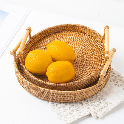 Ownkoti – rundes Tablett aus handgewebtem Rattan mit Griffen
