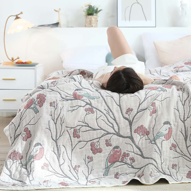 Wendesteppdecke aus Baumwolle mit Weißdornbaum und Vogelmotiv