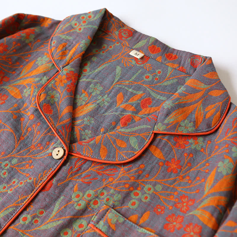 Vintage Loungewear-Set aus Baumwolle mit Blattmotiv und Revers - image 2