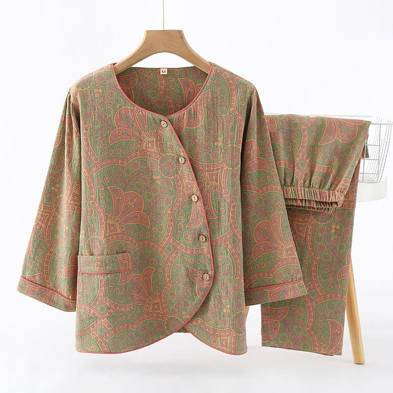 Loungewear-Set mit Rundhalsausschnitt und Vintage-Jacquardmuster - Hellgrün & Rosa - XL - image 11