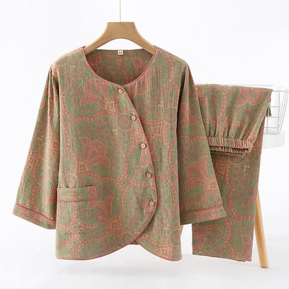 Loungewear-Set mit Rundhalsausschnitt und Vintage-Jacquardmuster - Hellgrün & Rosa - XL - image 11