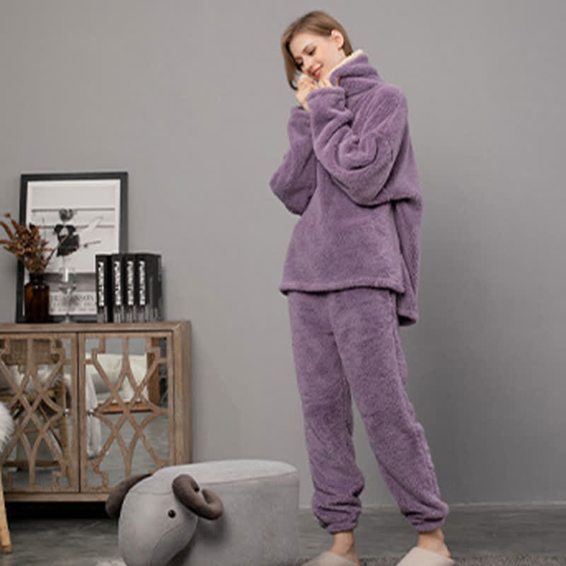 Ownkoti Schlichtes, warmes Loungewear-Set mit V-Ausschnitt für den Winter