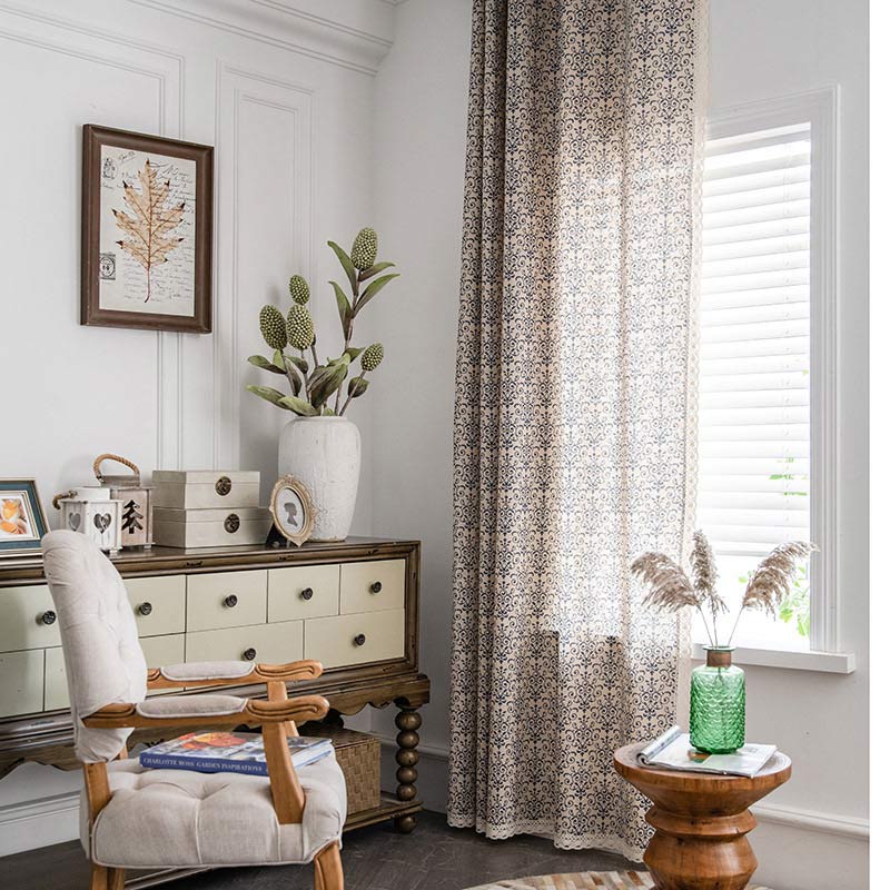Ownkoti Boho-Vorhang mit blauem Muster, halbverdunkelnd