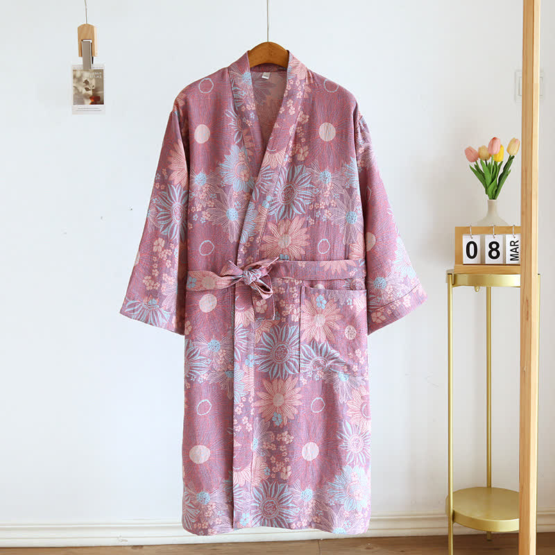 Bequemer Bademantel mit V-Ausschnitt und Blumenmuster für Zuhause und Schlaf