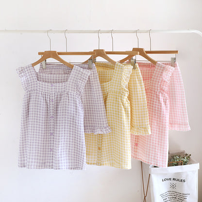 Pyjama-Set aus Baumwolle mit Rüschenärmeln und Vichy-Karo - image 0