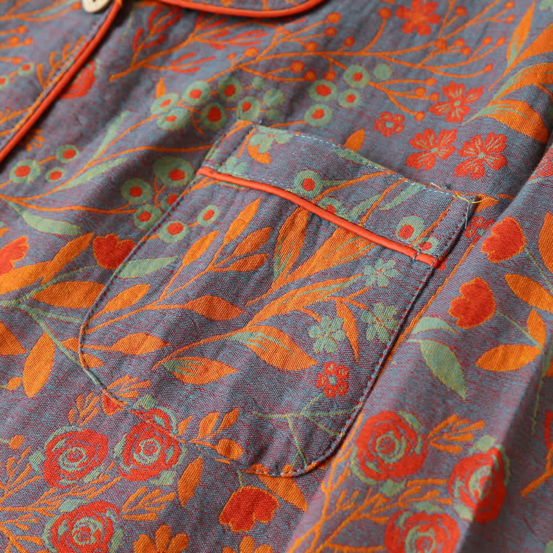 Vintage Loungewear-Set aus Baumwolle mit Blattmotiv und Revers - image 4