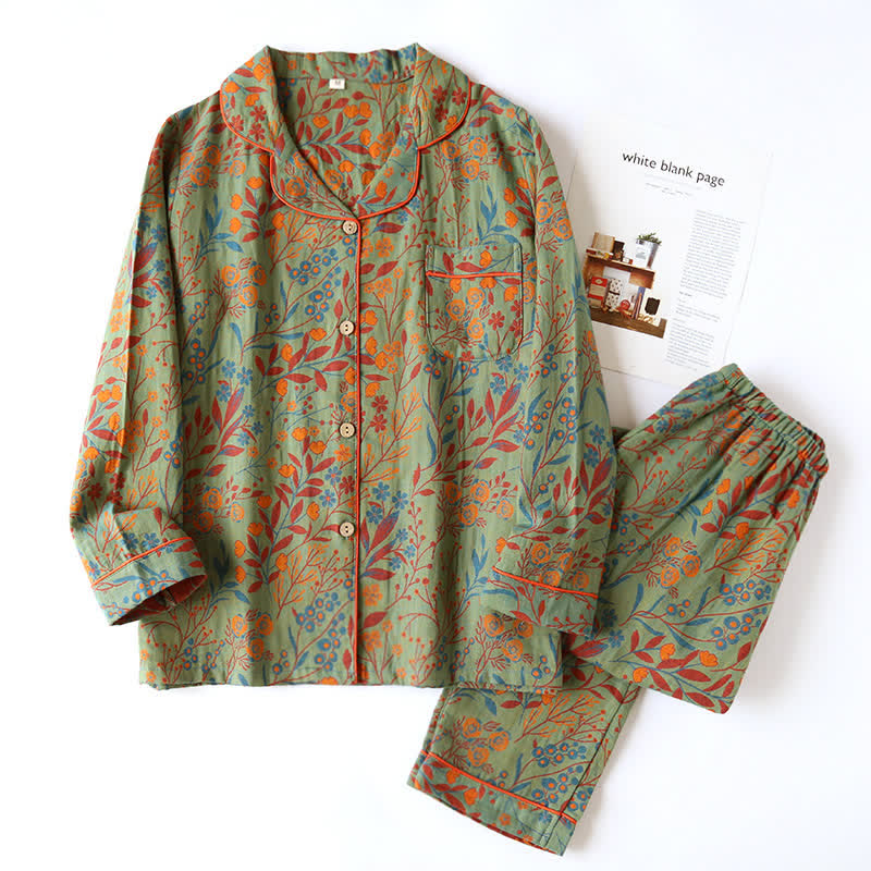 Loungewear-Set aus Baumwolle mit Revers im Vintage-Stil mit Blättern - Grün & Orange - XL - image 13