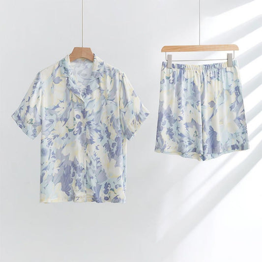 Kurze Loungewear mit V-Ausschnitt und Retro-Ölgemälde