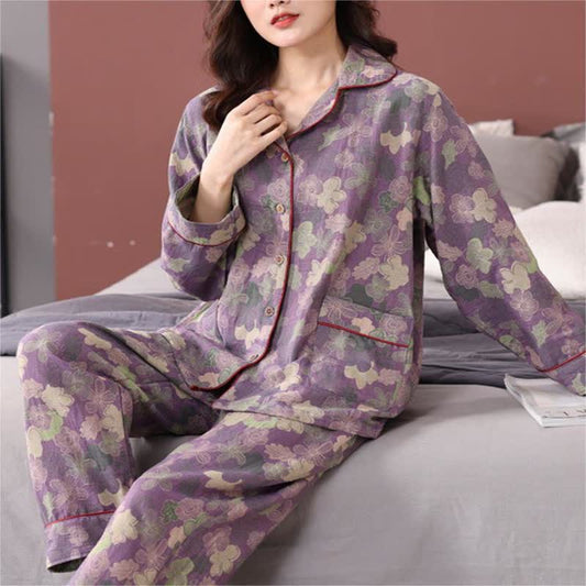 Pyjama-Set aus Baumwolle mit Jacquard-Blumenmuster und Button-Down-Kragen