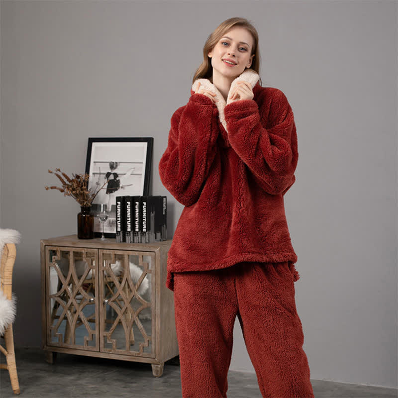 Ownkoti Schlichtes, warmes Loungewear-Set mit V-Ausschnitt für den Winter