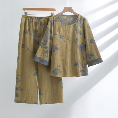 Bequemes Loungewear-Set aus Baumwolle mit Rundhalsausschnitt und Blumenmuster