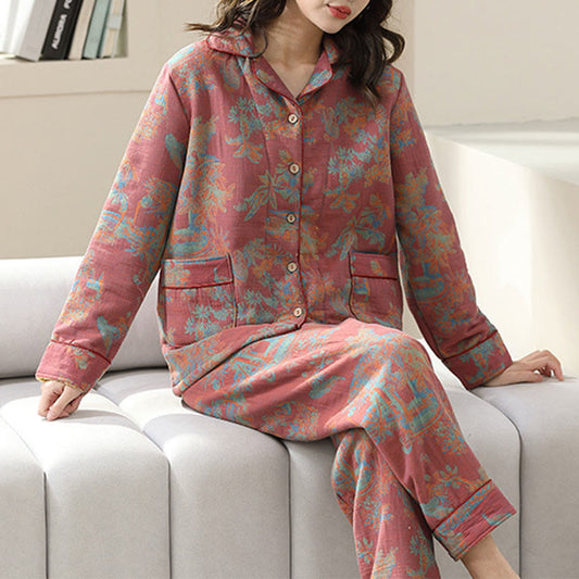 Doppellagiges Loungewear-Set aus Baumwolle mit Blumendruck